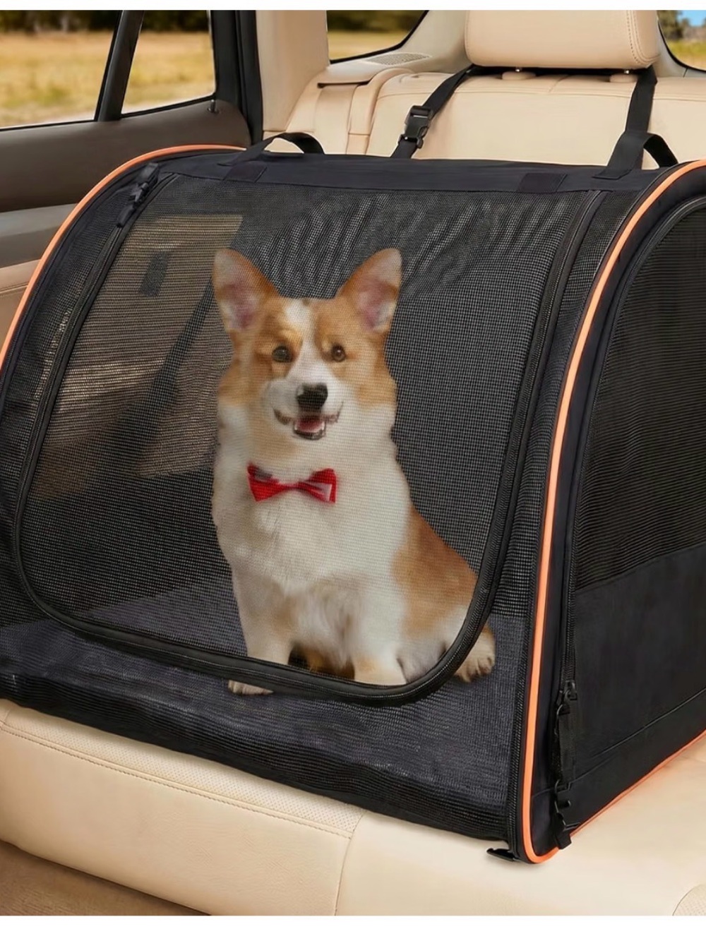Black Portable Dog Car Carrier with Orange Trim - Travel Crate for Small Dogs